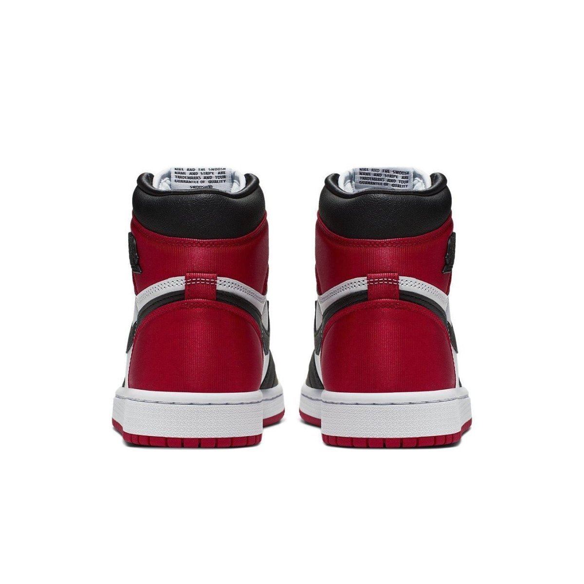 Back view of Air Jordan 1 Retro High Satin Black Toe women's sneakers featuring red satin panels.