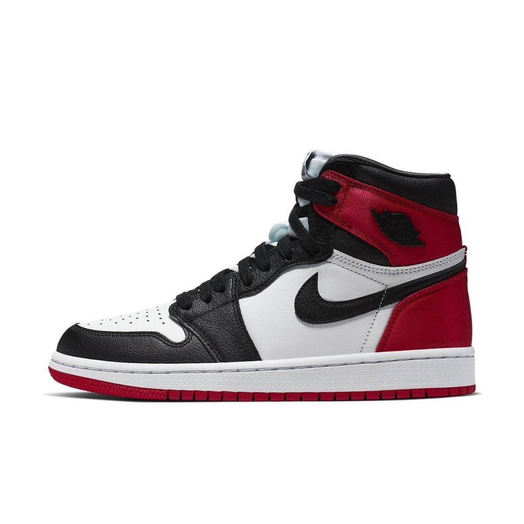 Women’s Jordan 1 Retro High Satin Black Toe featuring black, white, and red colorway with satin details.