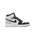 Jordan 1 Retro High Stage Haze (GS) in white, black, fog gray, and bleached coral with suede details.