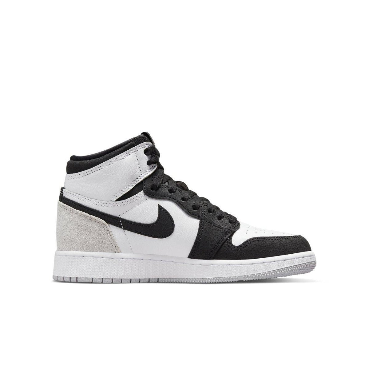 Jordan 1 Retro High Stage Haze (GS) in white, black, fog gray, and bleached coral with suede details.