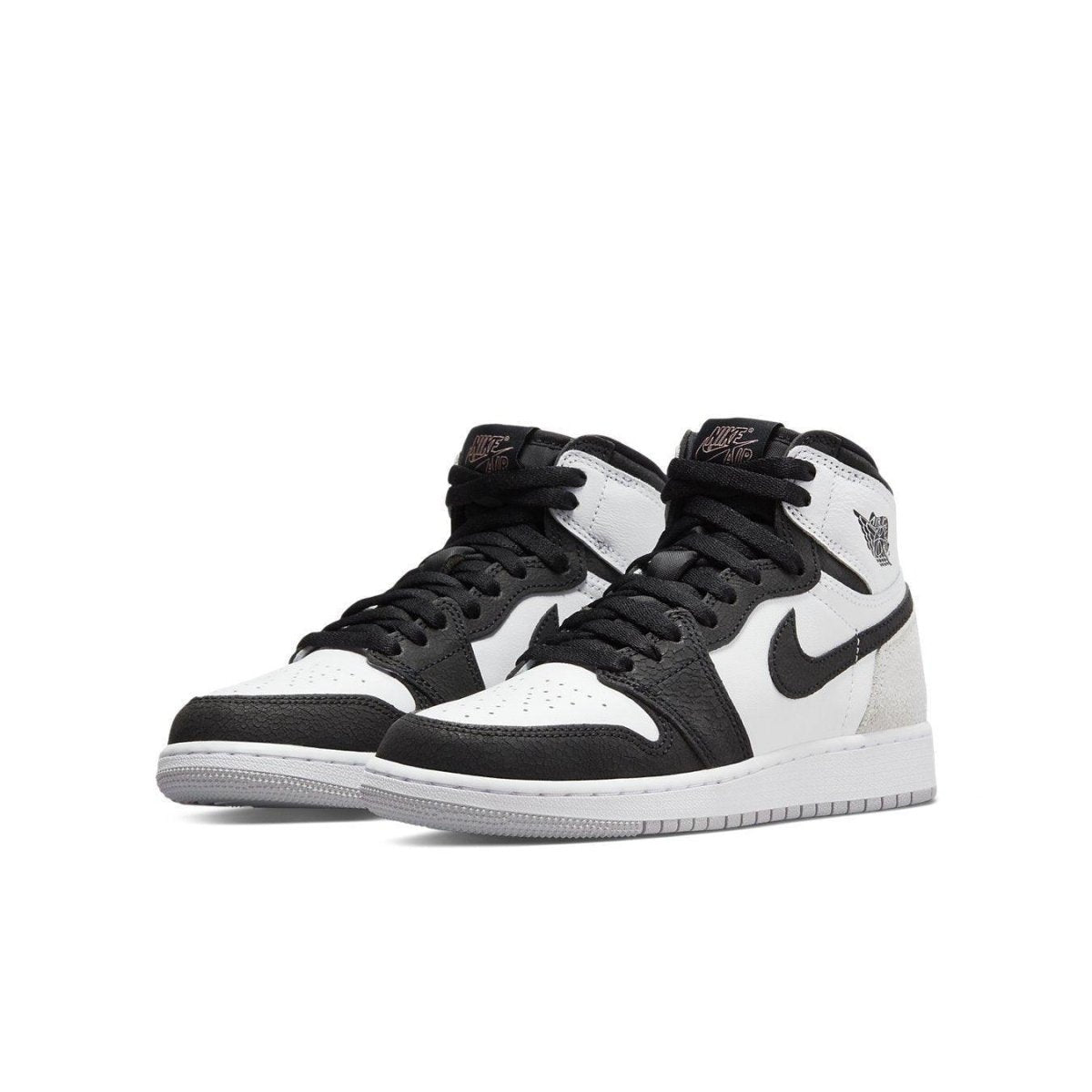 Air Jordan 1 Retro High Stage Haze (GS) in black, white, and grey with coral accents.