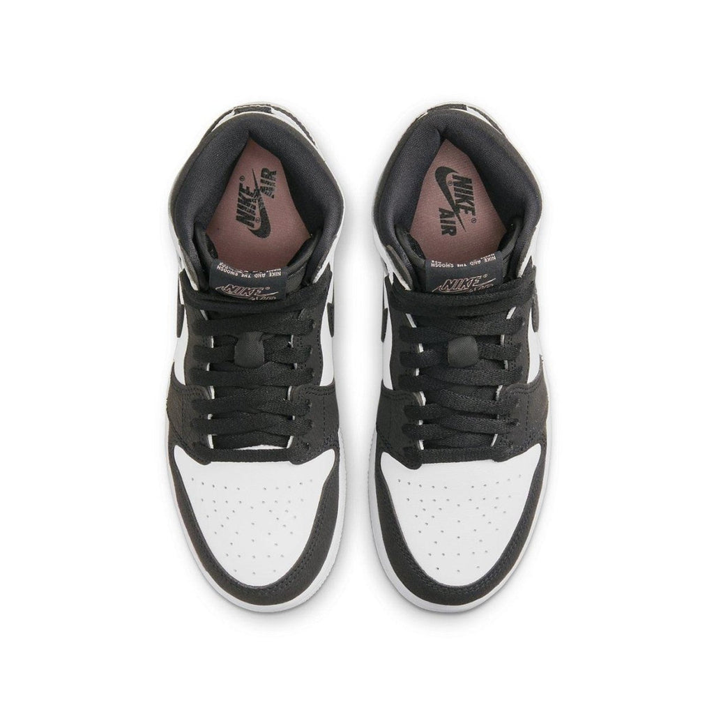 Jordan 1 Retro High Stage Haze GS, white, black, gray, and coral sneaker top view.