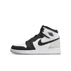 Jordan 1 Retro High Stage Haze (GS) in white, black, grey, and coral with suede details.