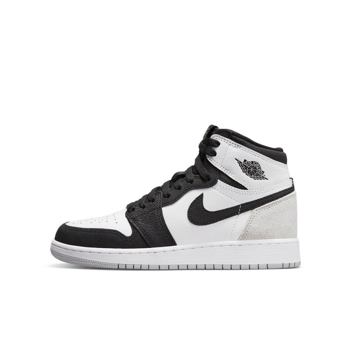 Jordan 1 Retro High Stage Haze (GS) in white, black, grey, and coral with suede details.
