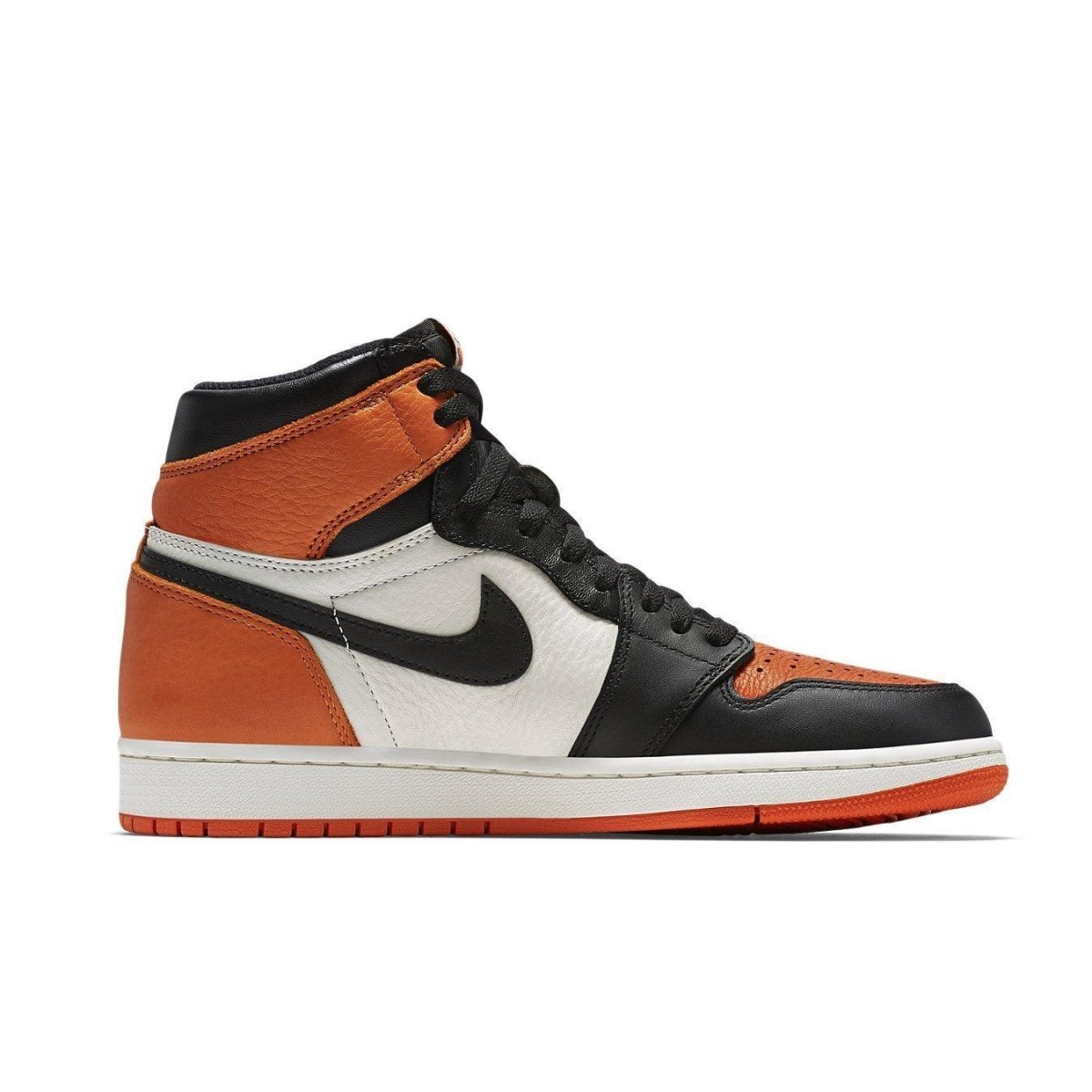Air Jordan 1 Retro Shattered Backboard sneaker in orange, black, and white colorway, side view.