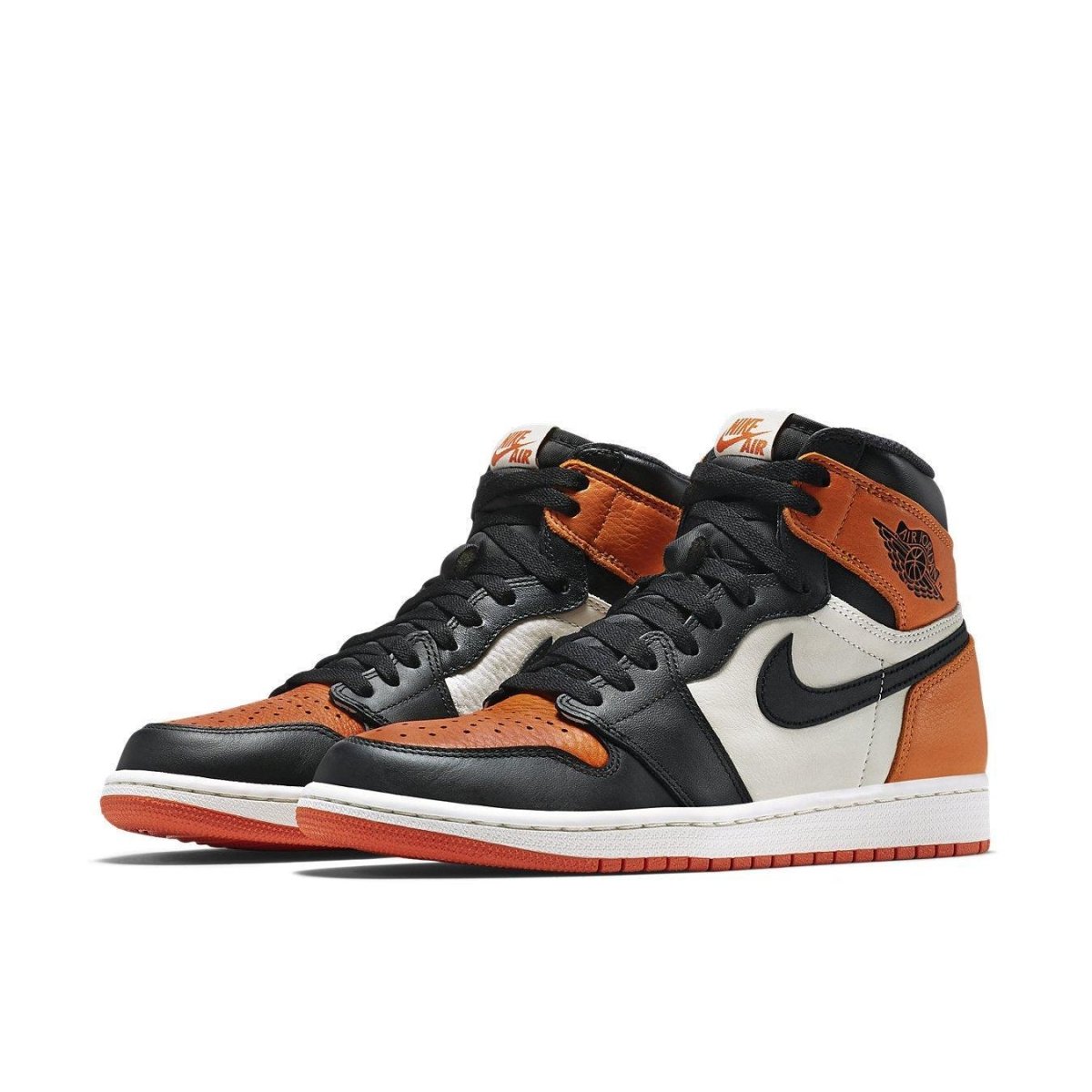 Jordan 1 Retro Shattered Backboard sneakers in orange, black, and white colorway, inspired by Michael Jordan's iconic game.