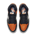 Top view of the Jordan 1 Retro Shattered Backboard sneakers in orange, black, and white colorway.