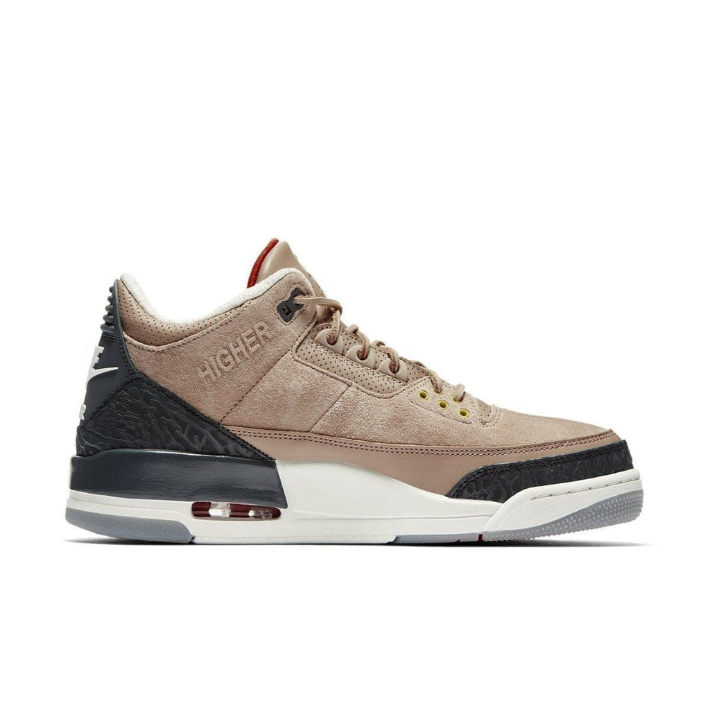 Jordan 3 Retro JTH Bio Beige sneaker in soft beige suede with black elephant print and 'HIGHER' accent on the ankle.