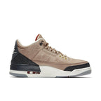 Jordan 3 Retro JTH Bio Beige sneaker in soft beige suede with black elephant print and 'HIGHER' accent on the ankle.
