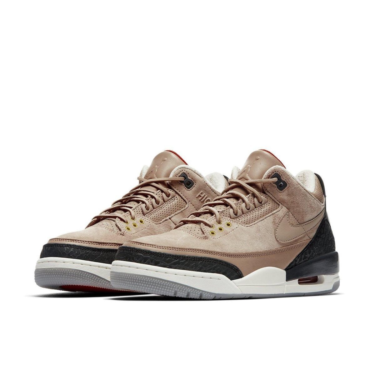 Air Jordan 3 Retro JTH Bio Beige sneakers with suede upper and elephant print accents, featuring bold text details.