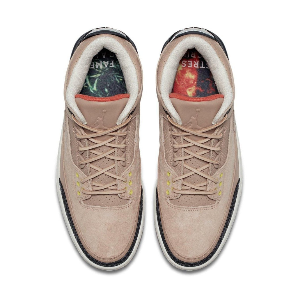 Air Jordan 3 Retro JTH Bio Beige top view, featuring light brown suede and unique inner sole prints.