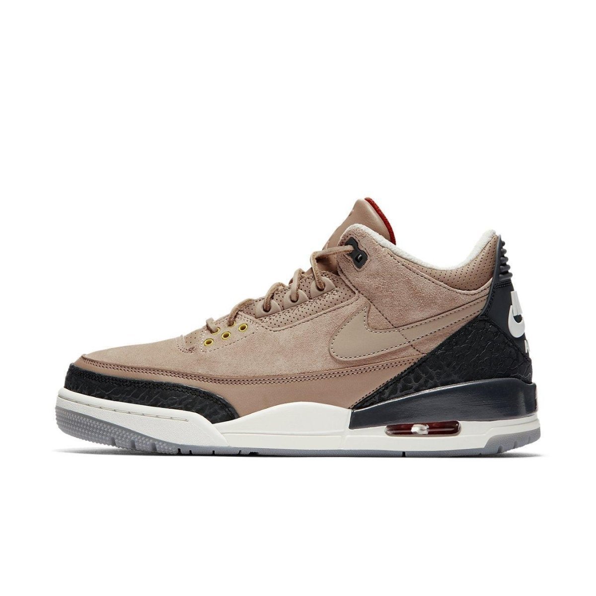 Jordan 3 Retro JTH Bio Beige sneaker with suede upper, elephant print accents, and Nike Air branding.