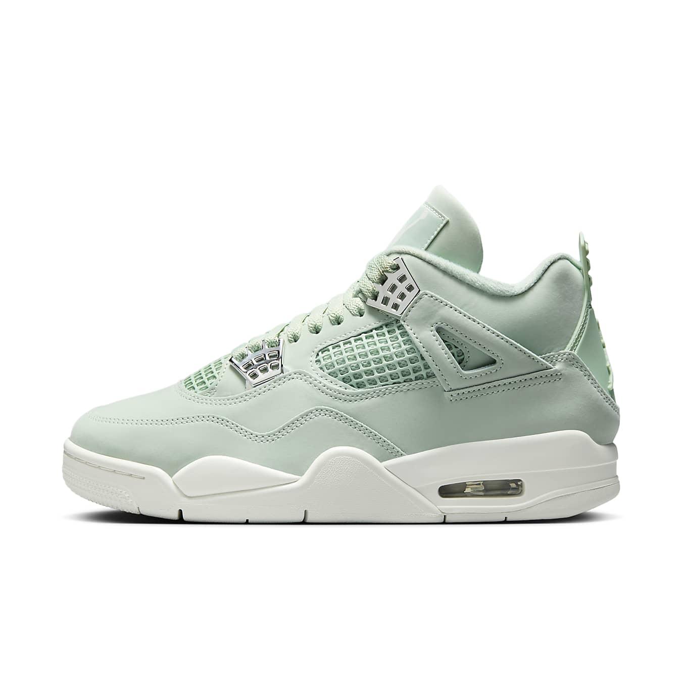 Jordan 4 Retro Seafoam Sail women's sneaker featuring a mint green colorway and classic silhouette.