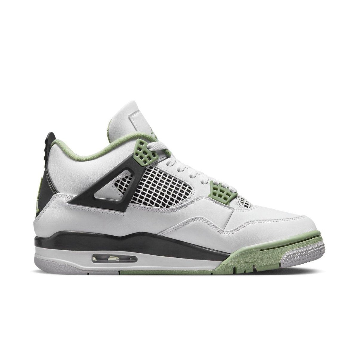 Air Jordan 4 Retro Seafoam (W) showcasing premium leather and oil green accents on a white rubber sole.