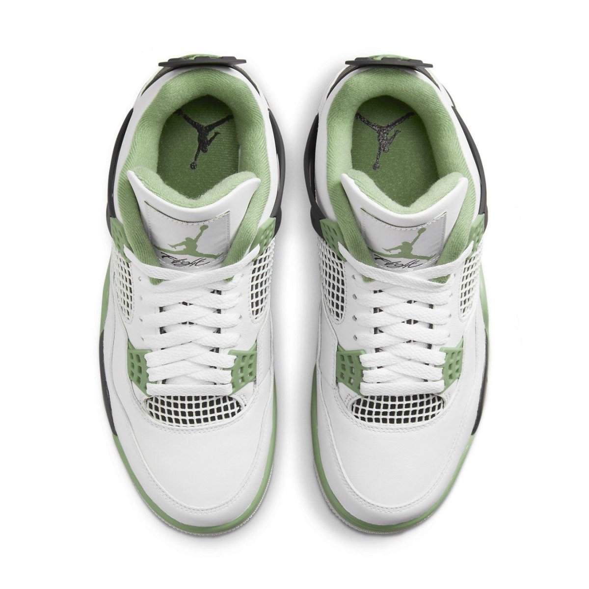 Air Jordan 4 Retro Seafoam sneakers top view featuring premium leather and green accents.