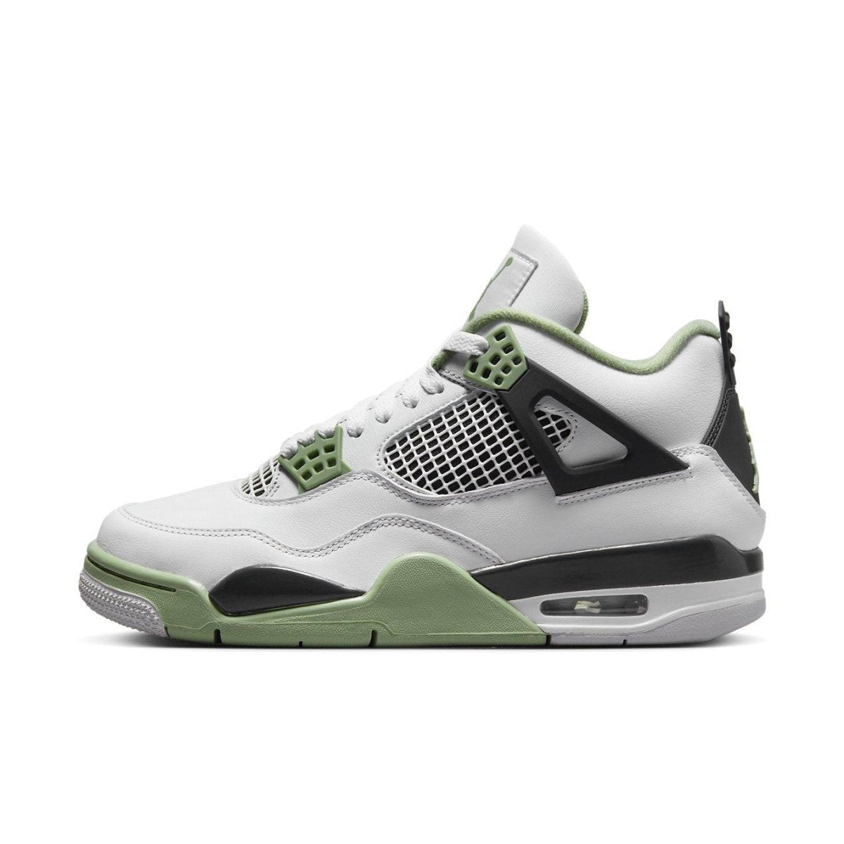 Air Jordan 4 Retro Seafoam (W) featuring premium leather and iconic Oil Green accents.