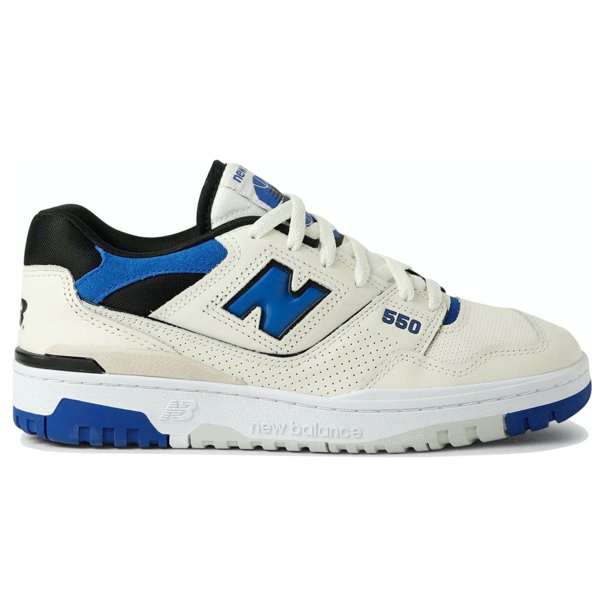 New Balance 550 sneakers in Sea Salt and Team Royal colorway with perforated leather upper and contrasting black accents.