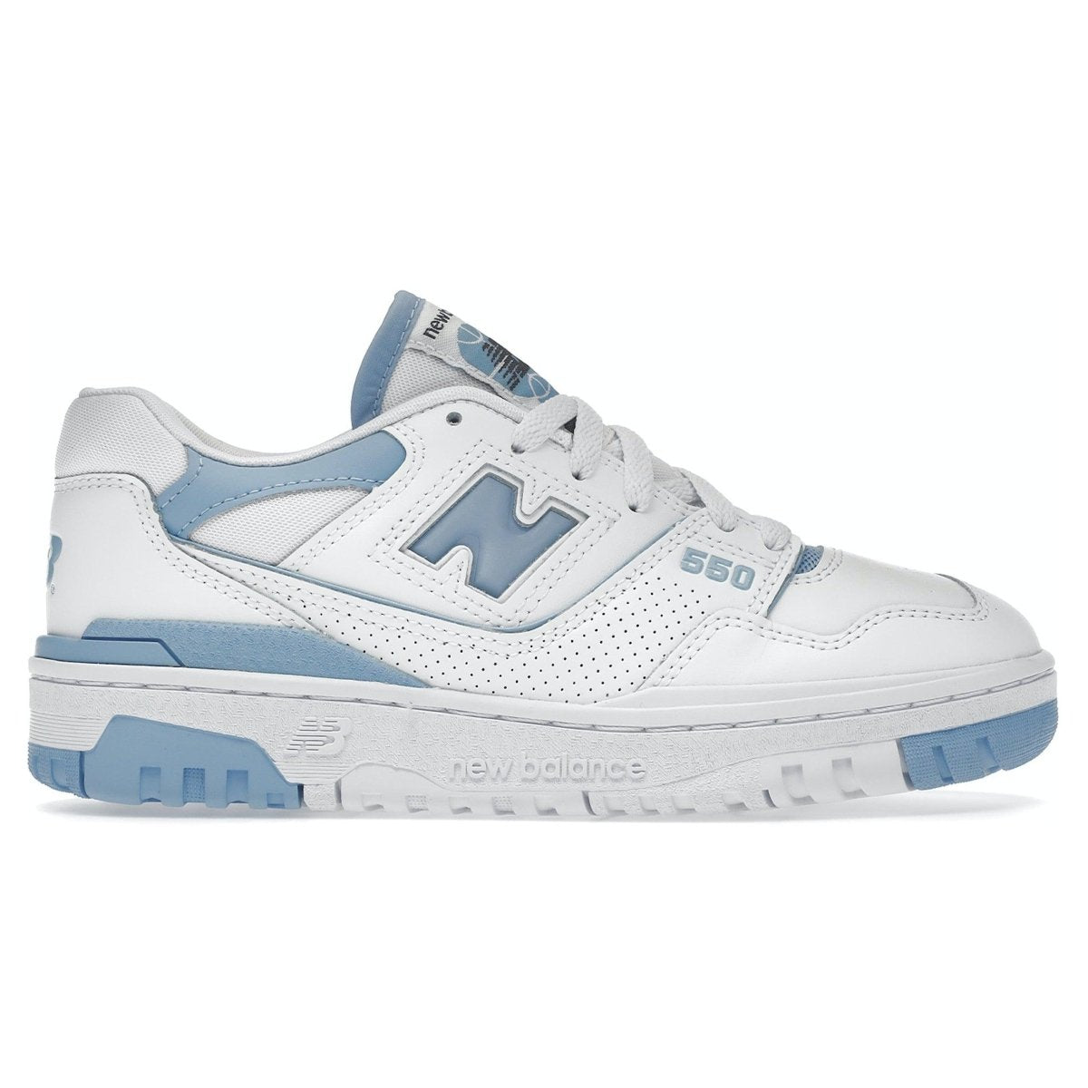 New Balance 550 UNC White Dusk Blue women's sneakers with leather perforated upper and cushioning details.