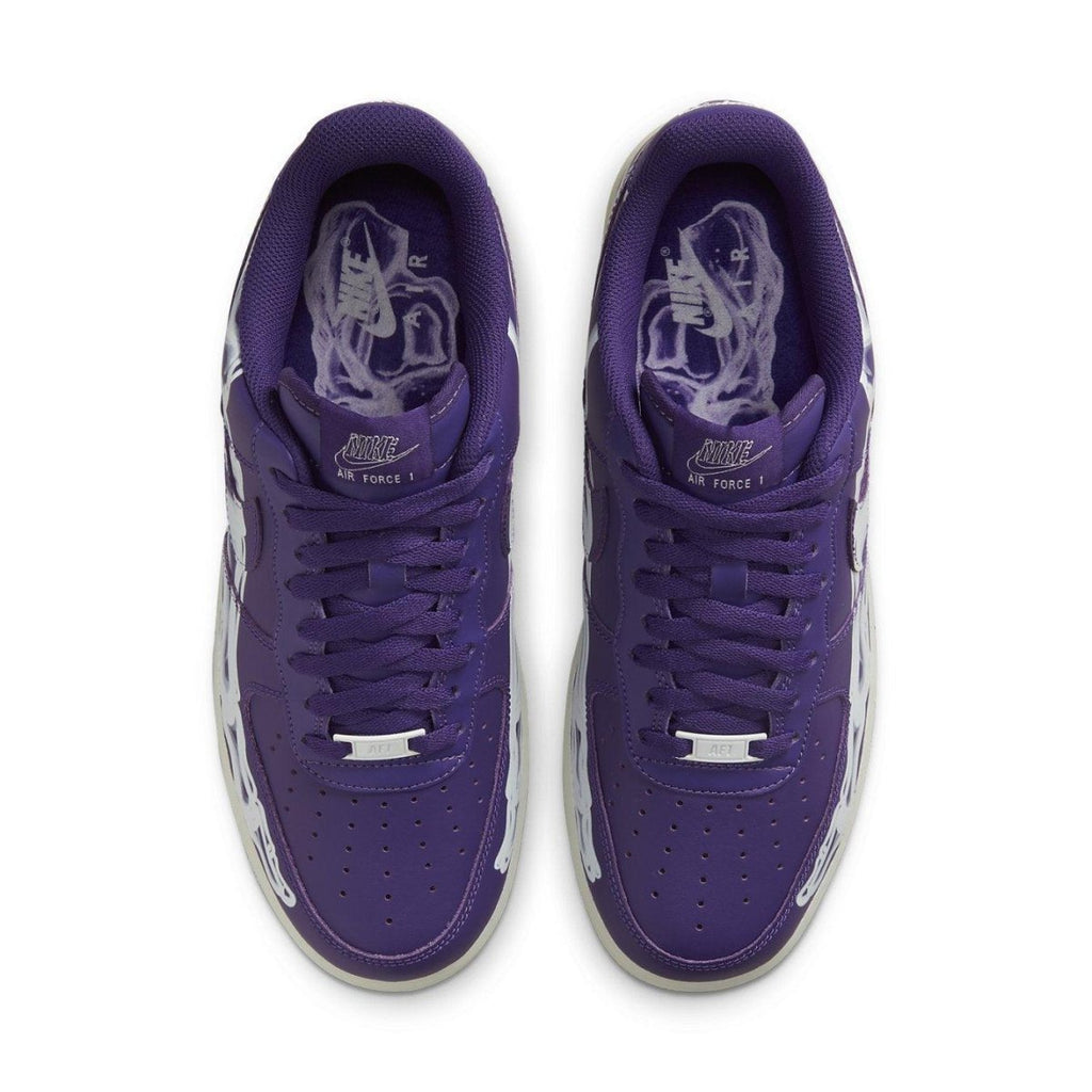Nike Air Force 1 Low '07 QS Purple Skeleton Halloween sneaker top view in vibrant purple color.