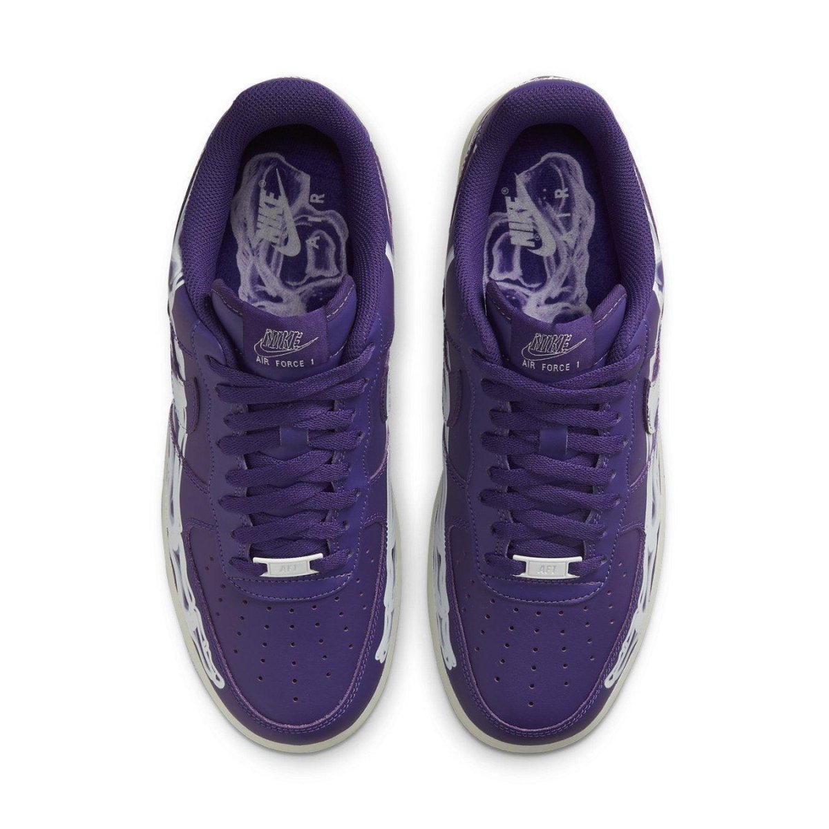 Nike Air Force 1 Low '07 QS Purple Skeleton Halloween sneaker top view in vibrant purple color.
