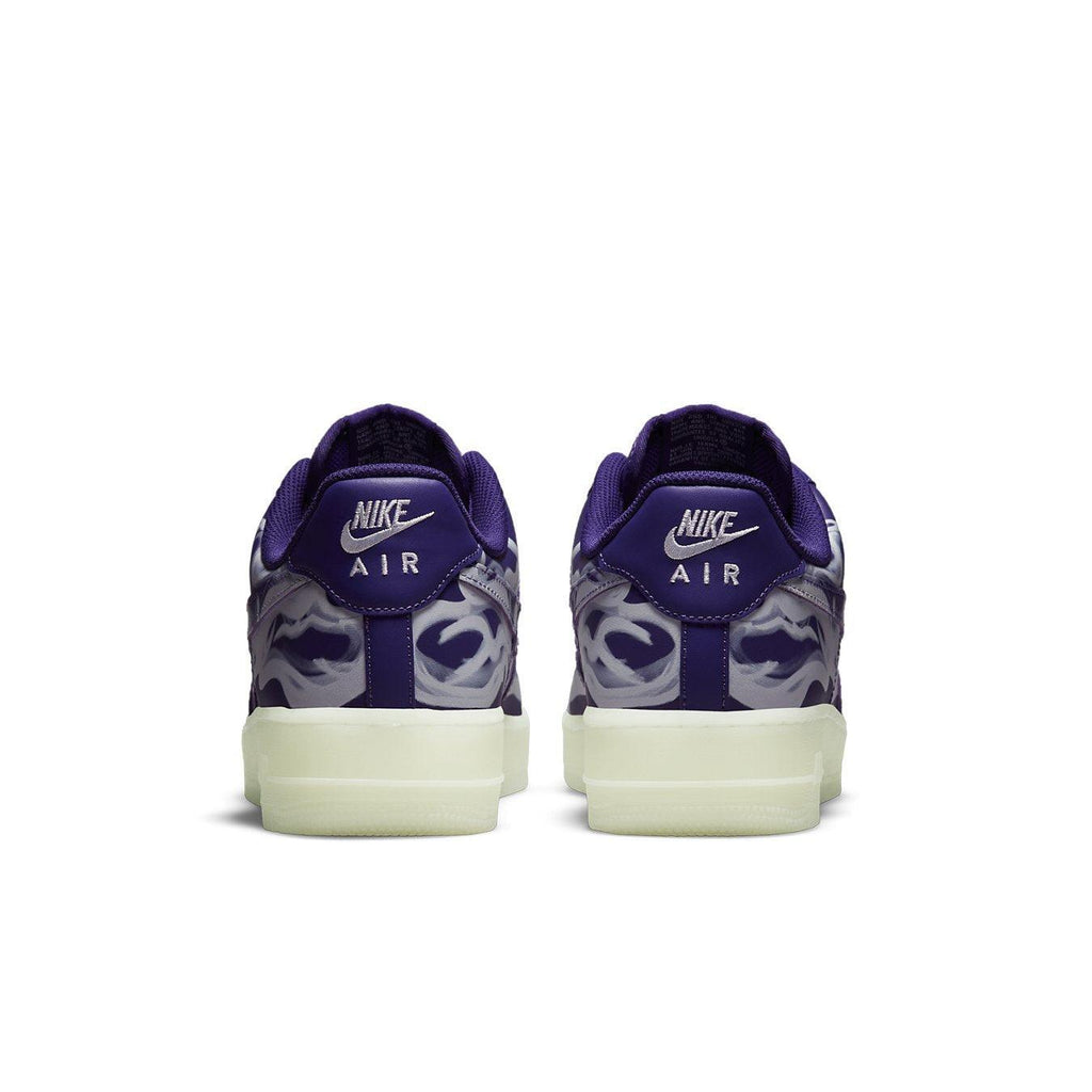 Nike Air Force 1 Low '07 QS Purple Skeleton Halloween 2021, back view, featuring purple and skeleton design.
