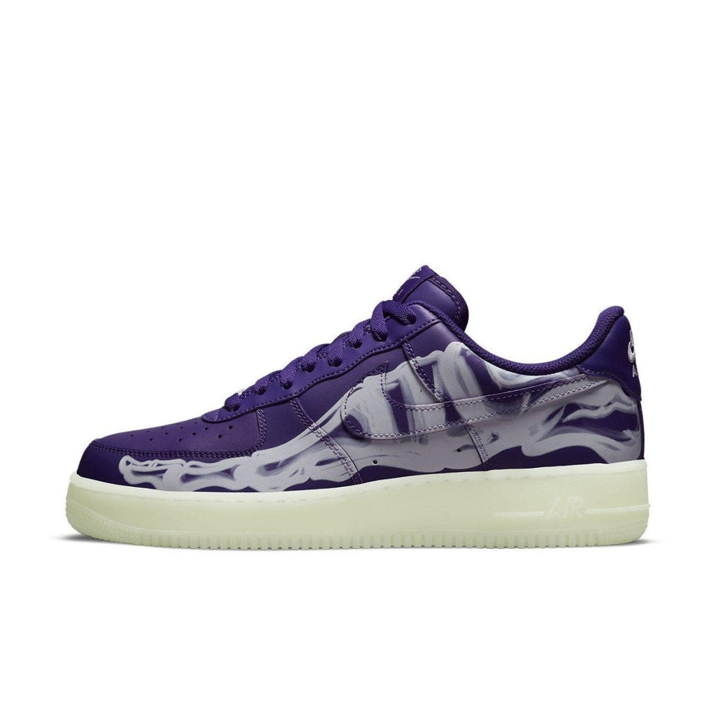 Nike Air Force 1 Low '07 QS Purple Skeleton Halloween sneaker with purple upper and skeleton design.