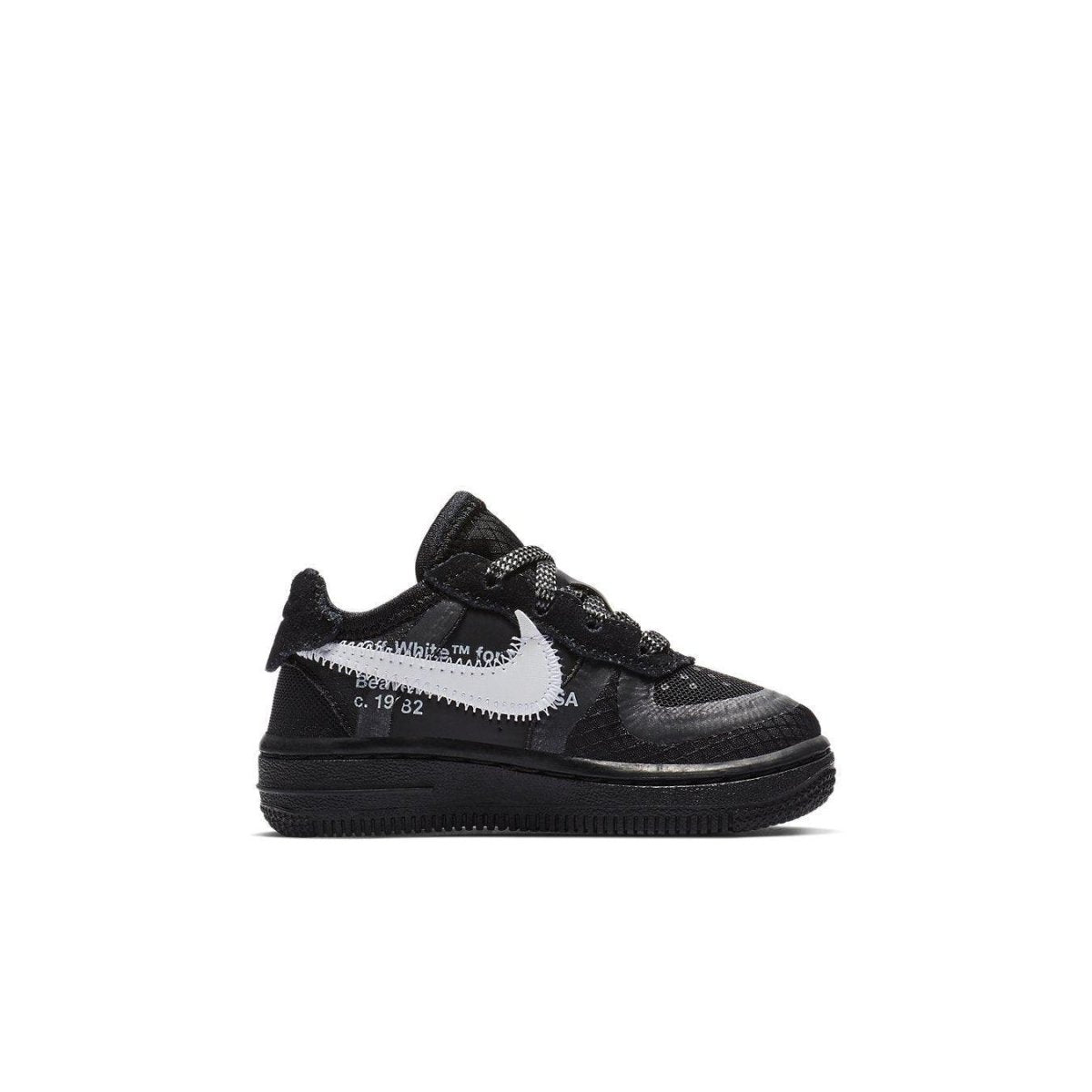 Nike Air Force 1 Low Off-White in black and white for toddlers, featuring iconic design and comfortable fit.