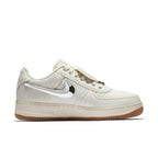 Nike Air Force 1 Low Travis Scott Sail featuring a removable Swoosh and stylish red insole.