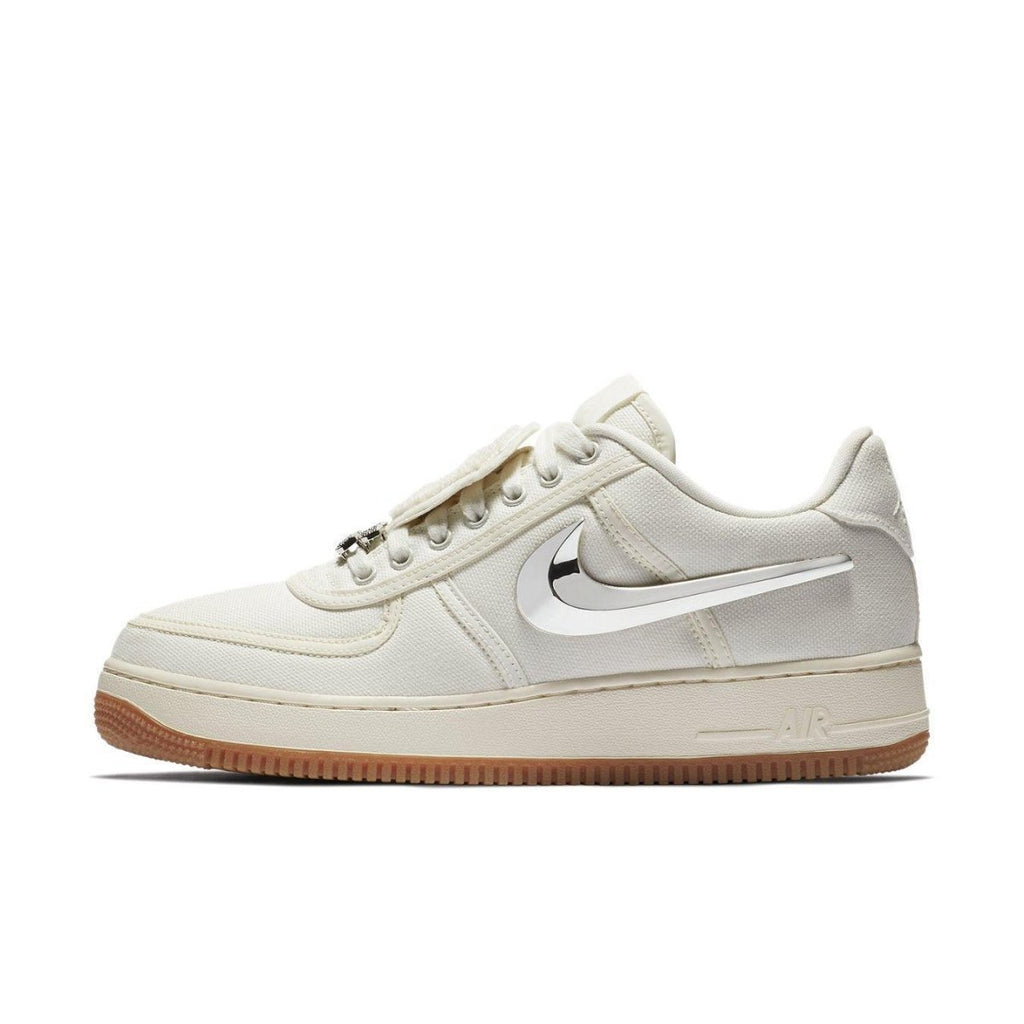 Nike Air Force 1 Low Travis Scott Sail sneaker, featuring a unique velcro Swoosh and gum sole, stylish and modern design.