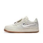 Nike Air Force 1 Low Travis Scott Sail sneaker, featuring a unique velcro Swoosh and gum sole, stylish and modern design.