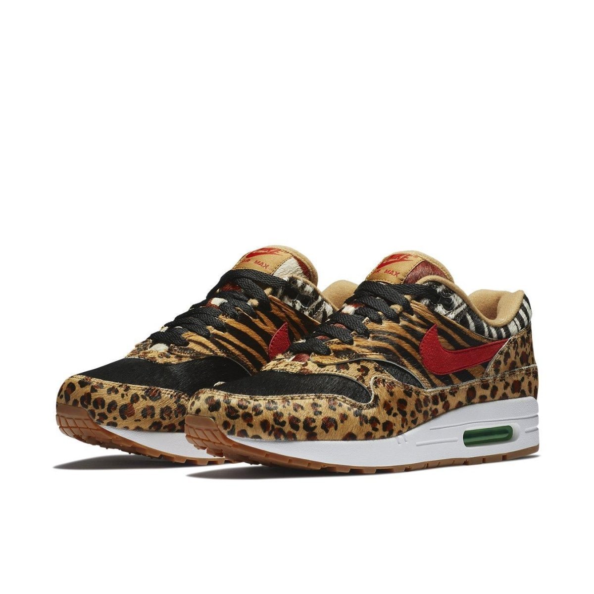 Nike Air Max 1 Atmos Animal Pack 2.0 sneakers featuring leopard print design with red accents.