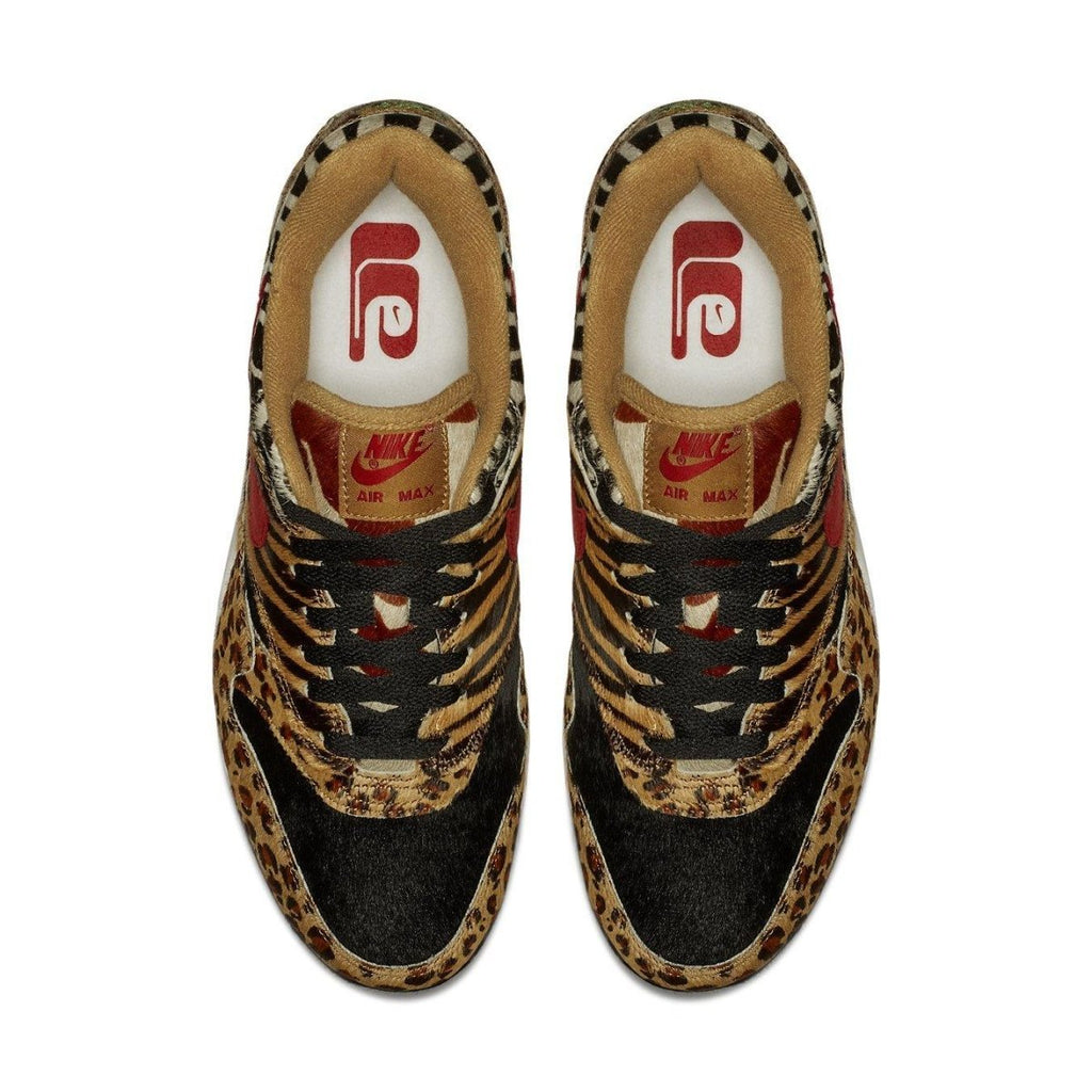 Nike Air Max 1 Atmos Animal Pack 2.0 top view showcasing leopard and zebra print design.