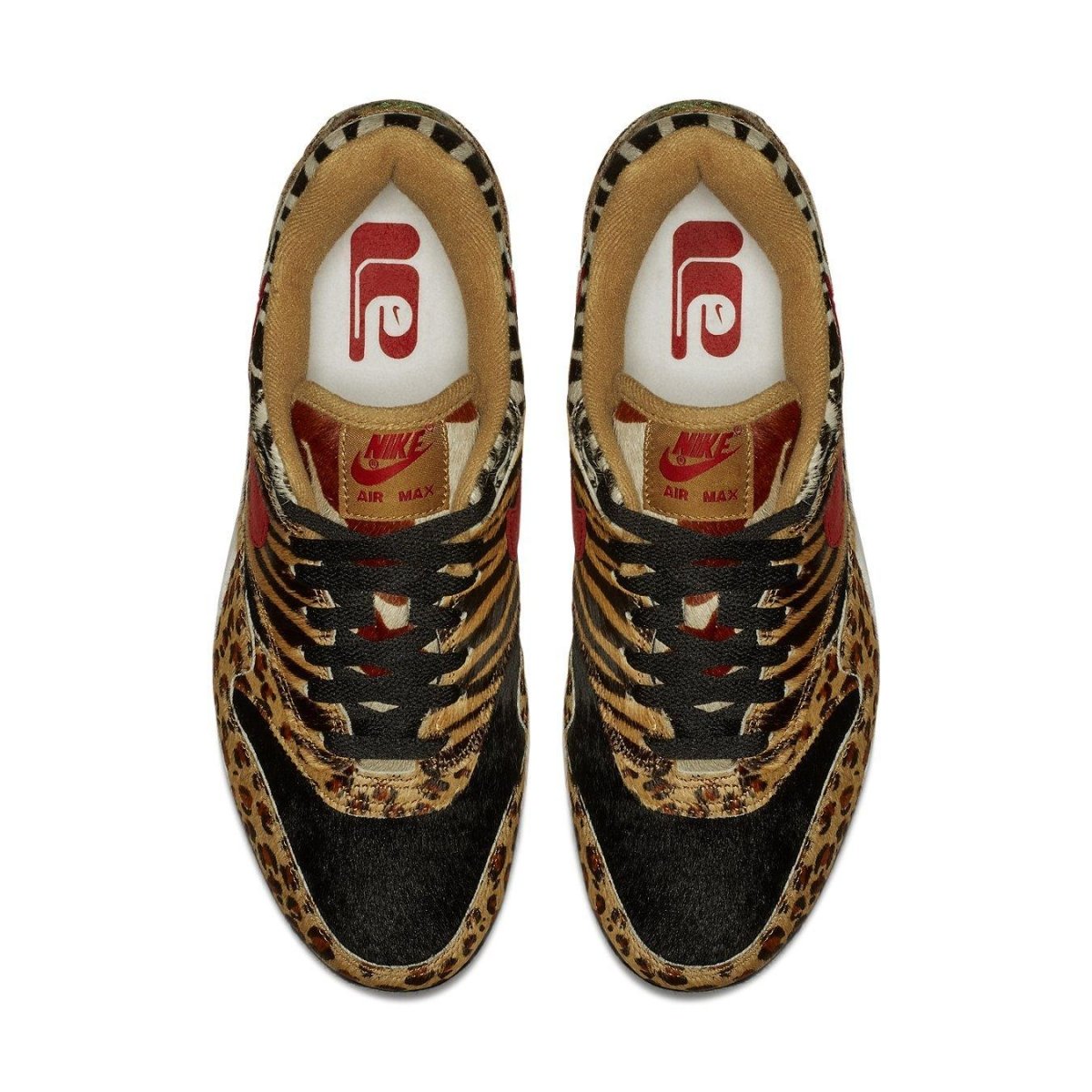 Nike Air Max 1 Atmos Animal Pack 2.0 top view showcasing leopard and zebra print design.