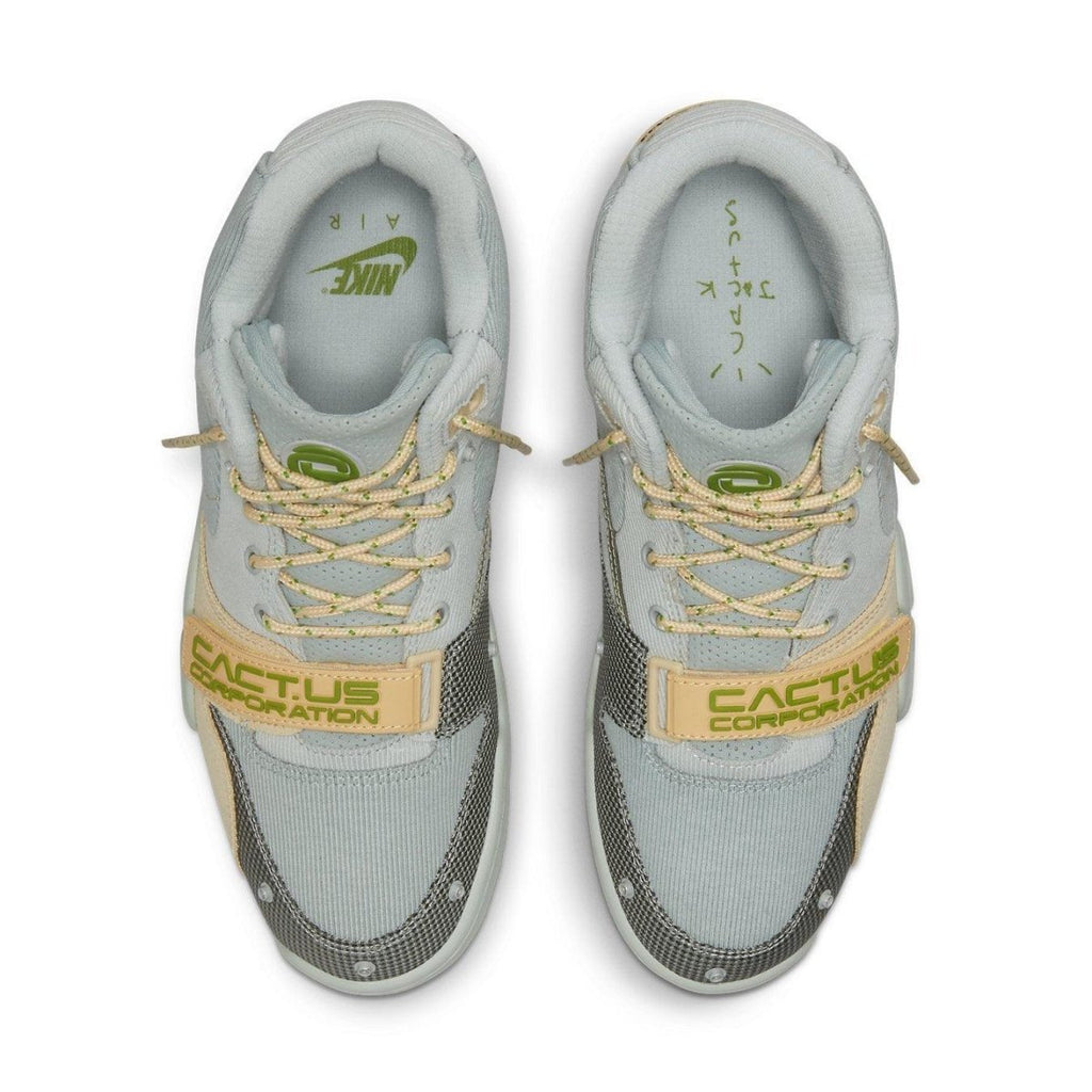 Nike Air Trainer 1 SP Travis Scott Grey Haze top view featuring Cactus Corporation branding and premium materials.