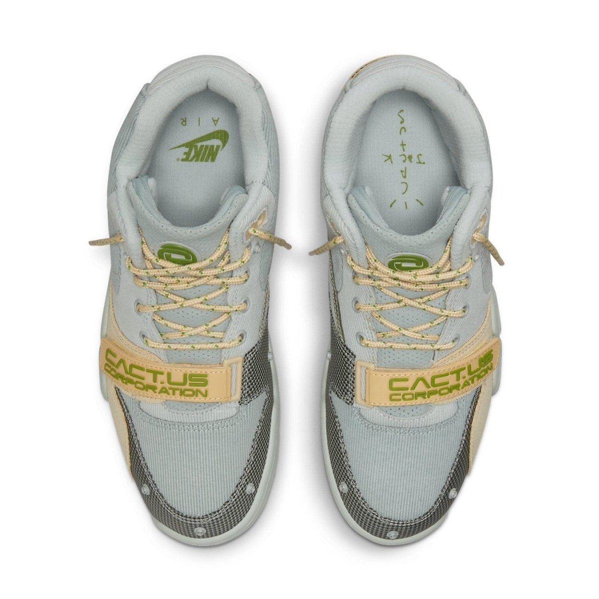 Nike Air Trainer 1 SP Travis Scott Grey Haze top view featuring Cactus Corporation branding and premium materials.