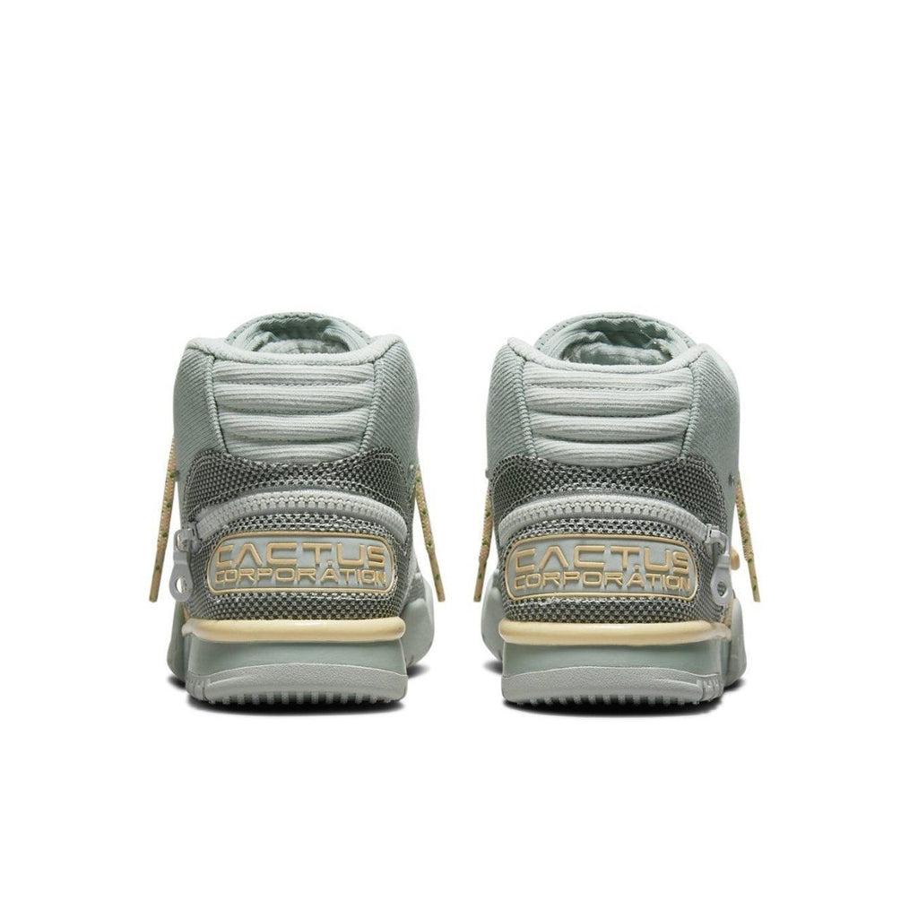 Nike Air Trainer 1 SP Travis Scott Grey Haze sneaker back view featuring Cactus Jack branding.