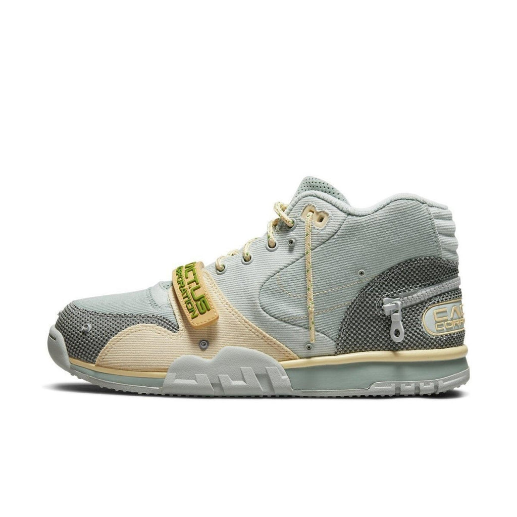 Nike Air Trainer 1 SP Travis Scott in Grey Haze featuring textured plush fabric and mesh design.