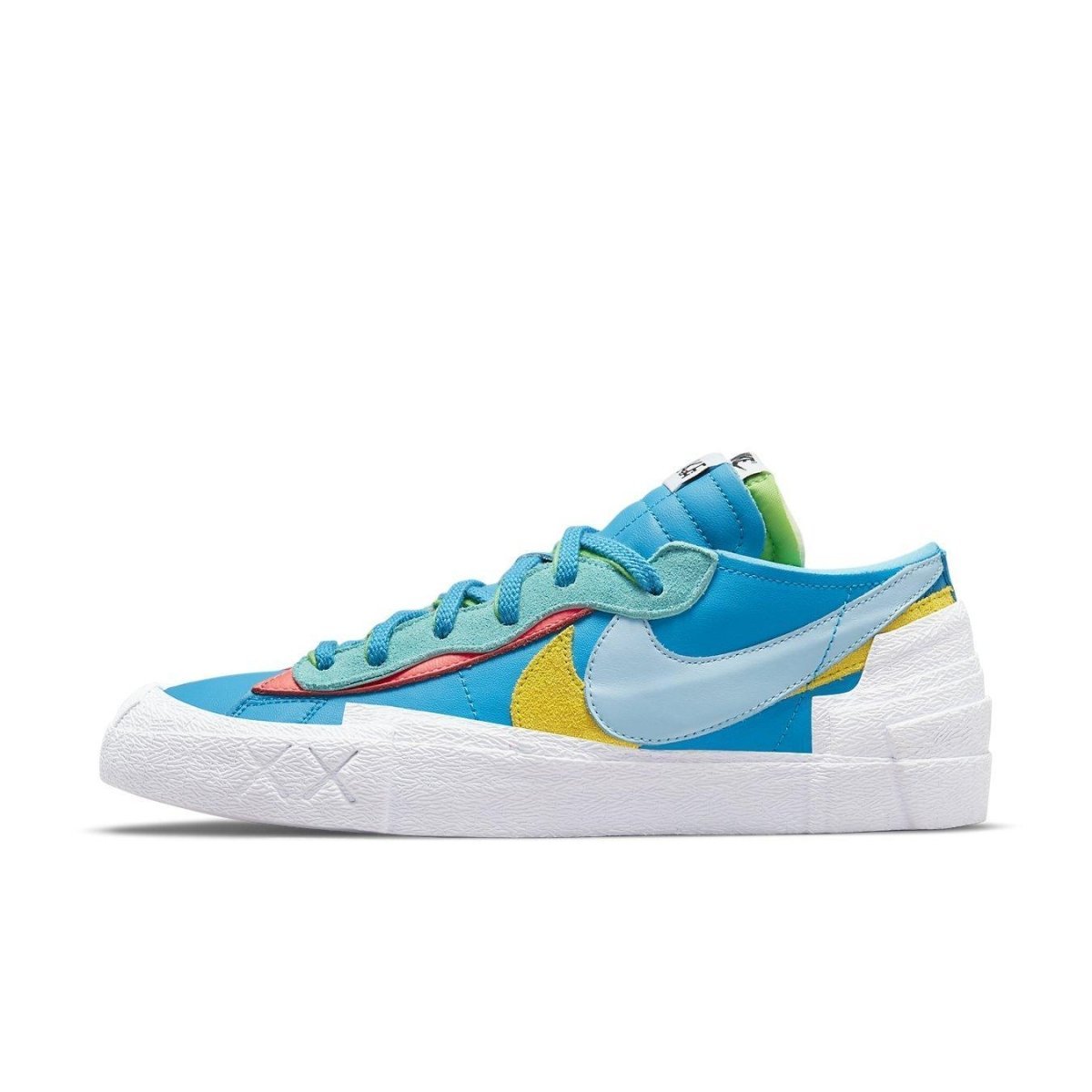 Nike Blazer Low sacai KAWS Neptune Blue featuring bright blue leather upper and colorful accents.