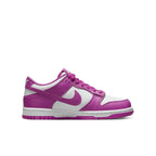 Nike Dunk Low Active Fuchsia GS sneaker with smooth pink leather and white accents.