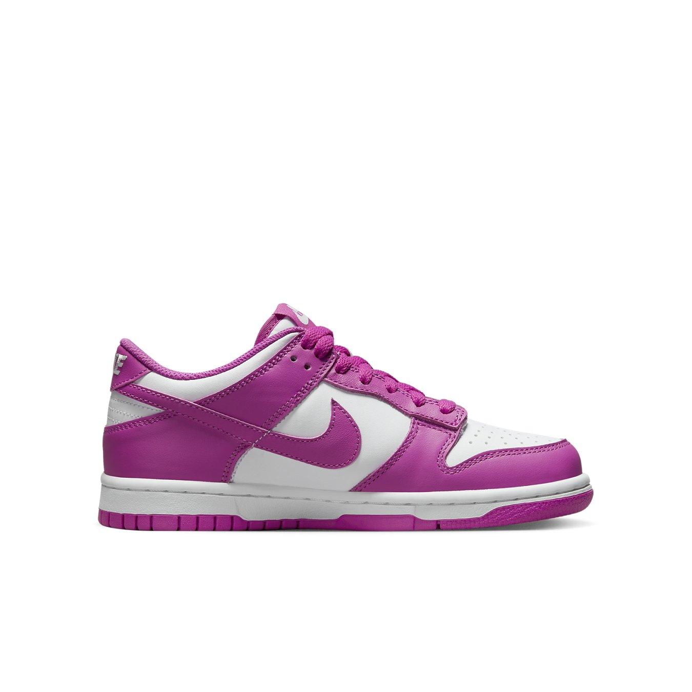 Nike Dunk Low Active Fuchsia GS sneaker with smooth pink leather and white accents.
