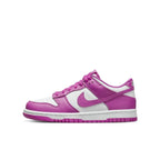 Nike Dunk Low Active Fuchsia (GS) sneaker featuring smooth pink leather overlays and white accents.