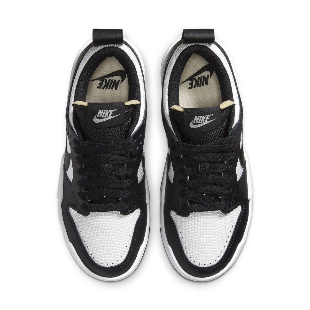 Nike Dunk Low Disrupt Black White women's sneaker overhead view with a modern design.