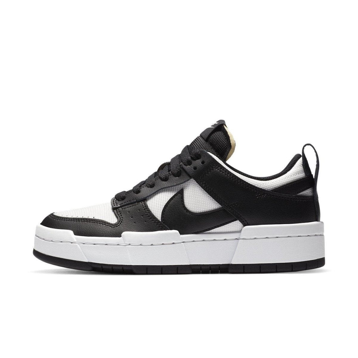 Nike Dunk Low Disrupt Black White for women, featuring a modern chunky silhouette and platform design.