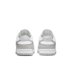 Nike Dunk Low Grey Fog sneaker rear view featuring grey and white leather design.