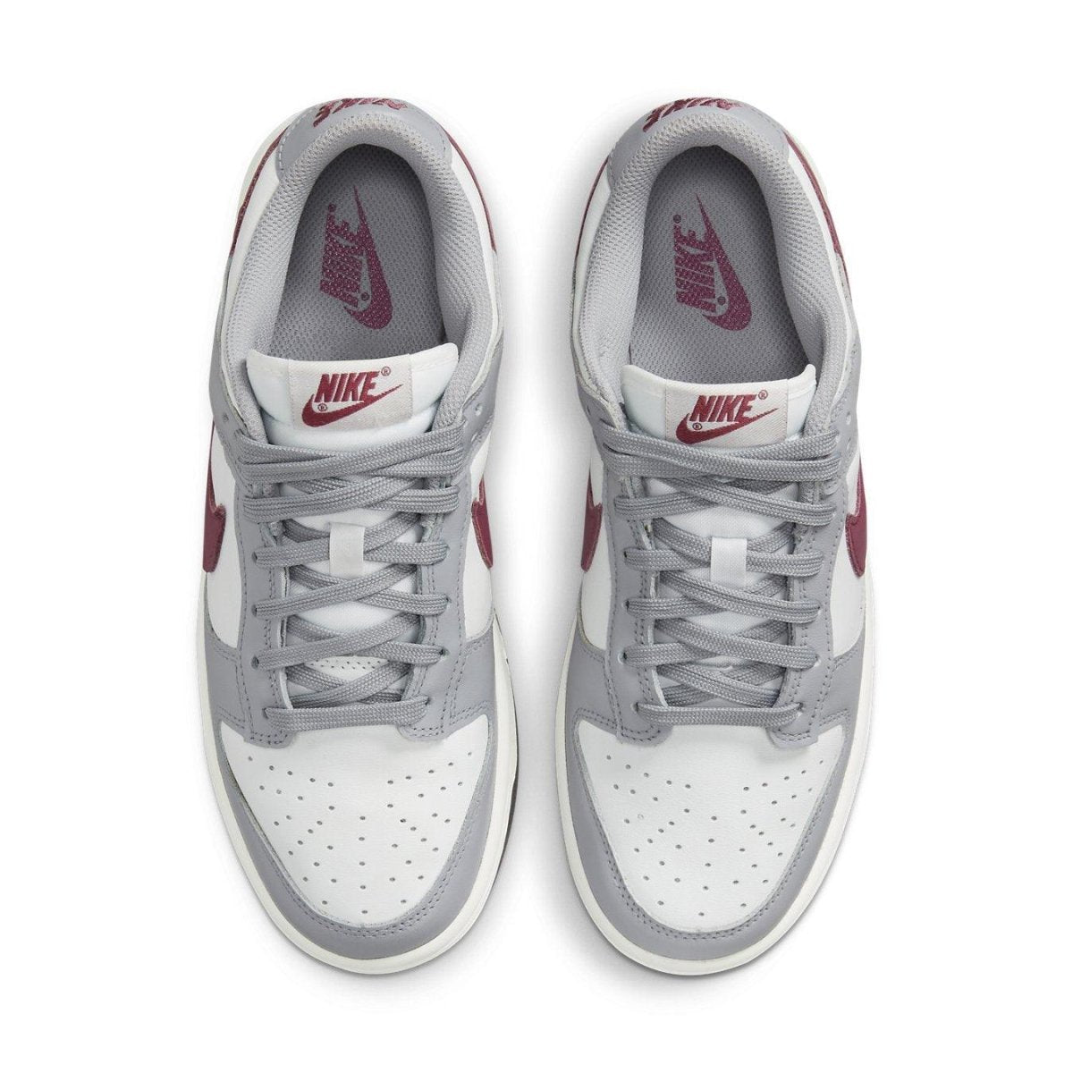 Nike Dunk Low Pale Ivory Redwood sneakers featuring white leather, gray accents, and luxurious Bordeaux details.