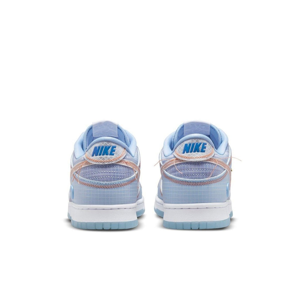 Nike Dunk Low Union Passport Pack Argon rear view, featuring light blue and peach accents.