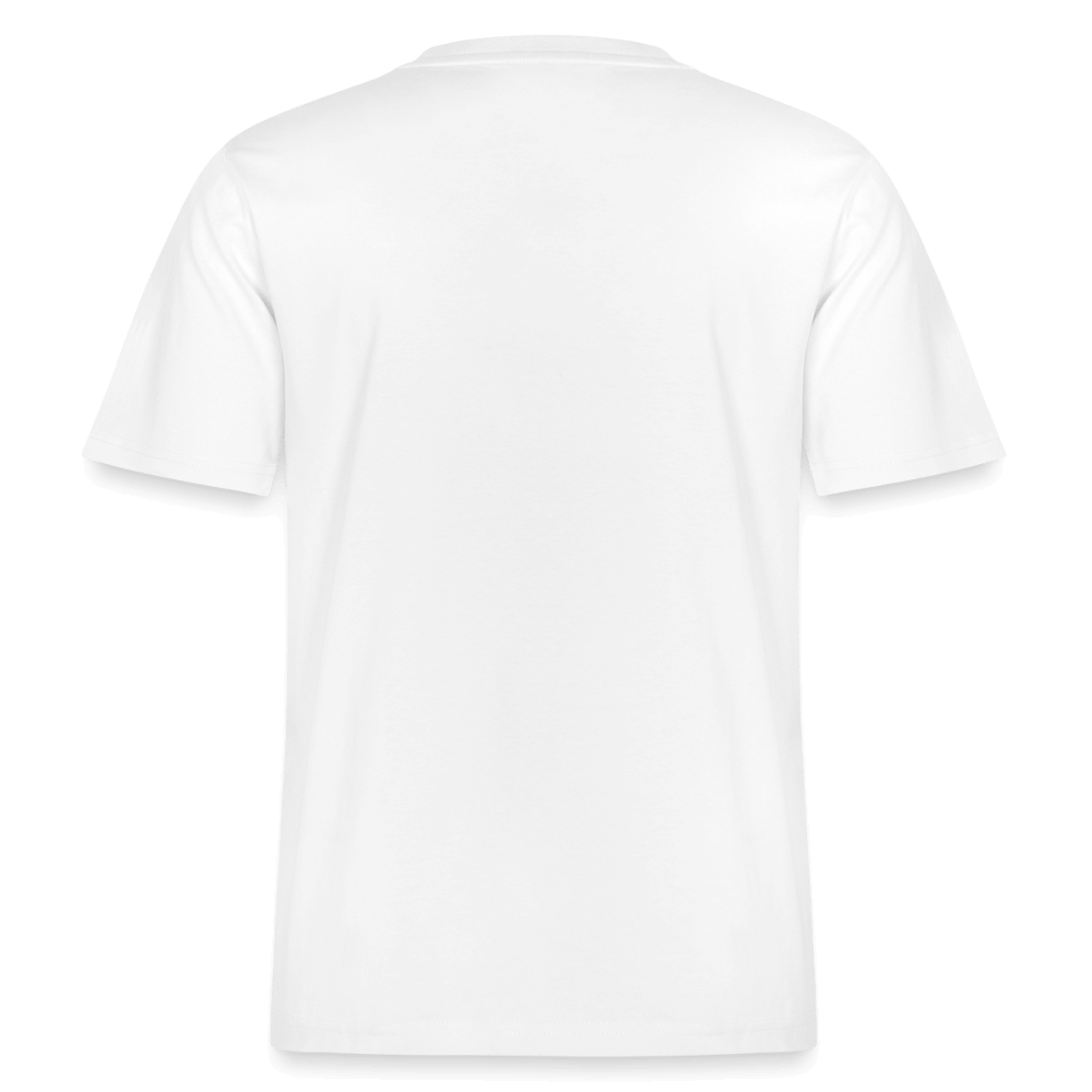 Back view of a relaxed fit white tee, designed for comfort with a clean silhouette and casual style.