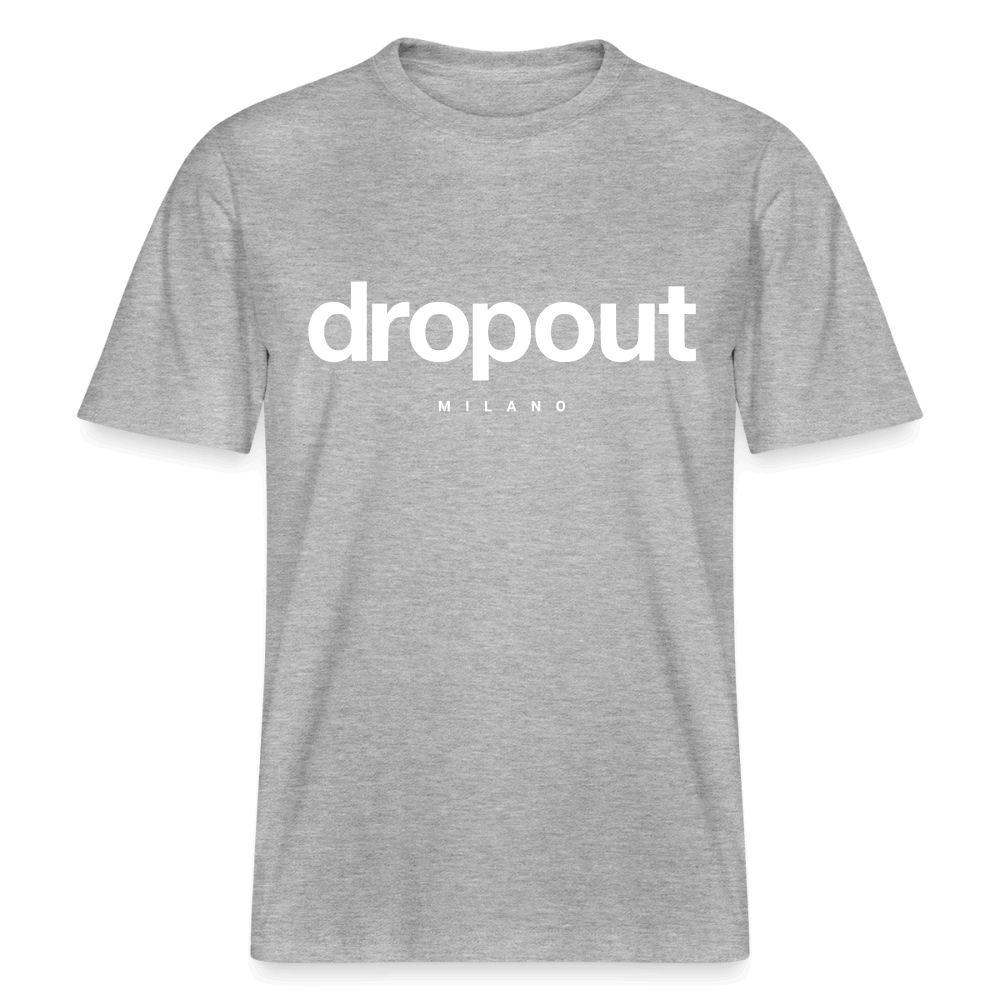 Relaxed fit gray tee with 'dropout' and 'MILANO' in bold white lettering, showcasing casual comfort and style.