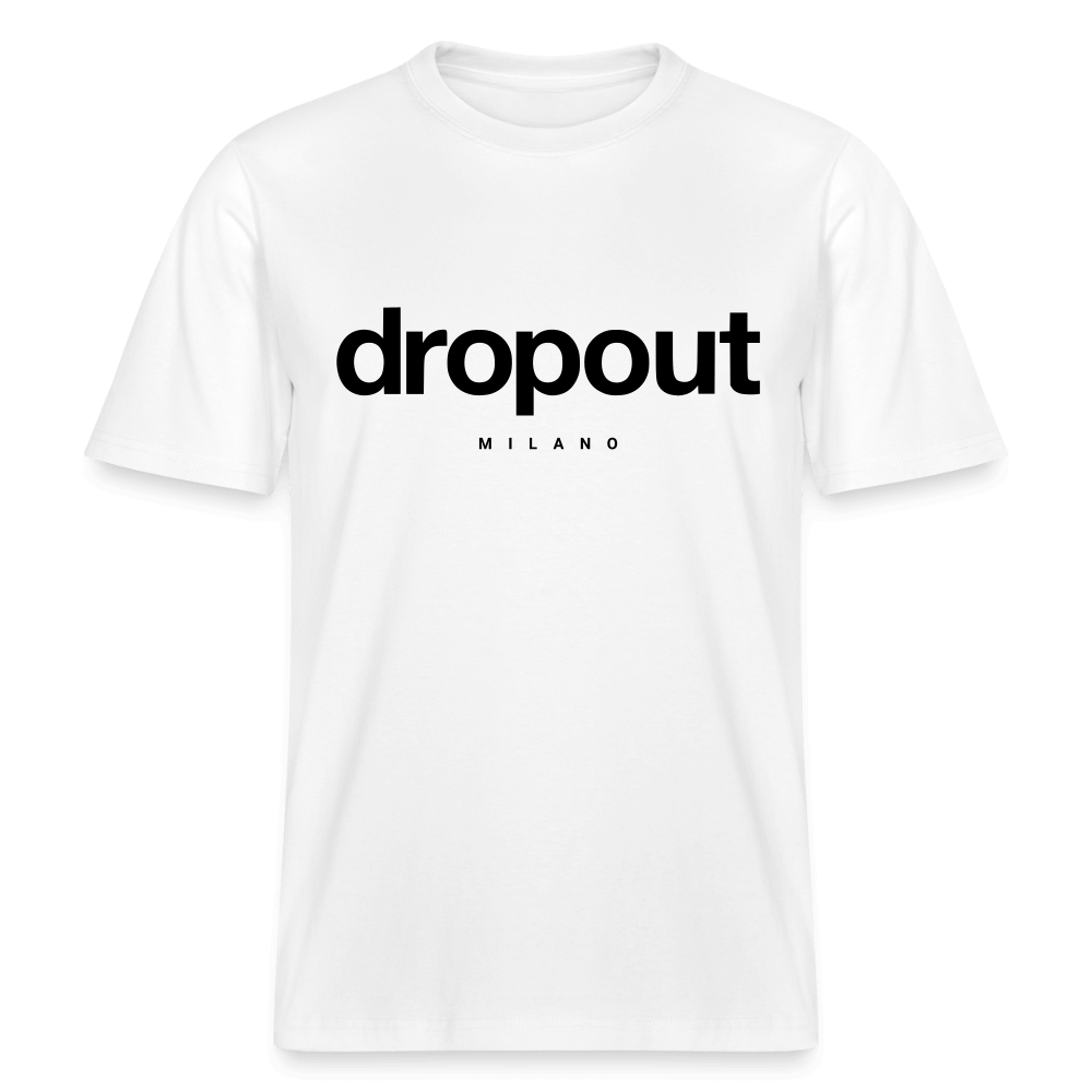 Relaxed fit white tee with 'dropout MILANO' printed in bold black lettering, designed for casual comfort and style.