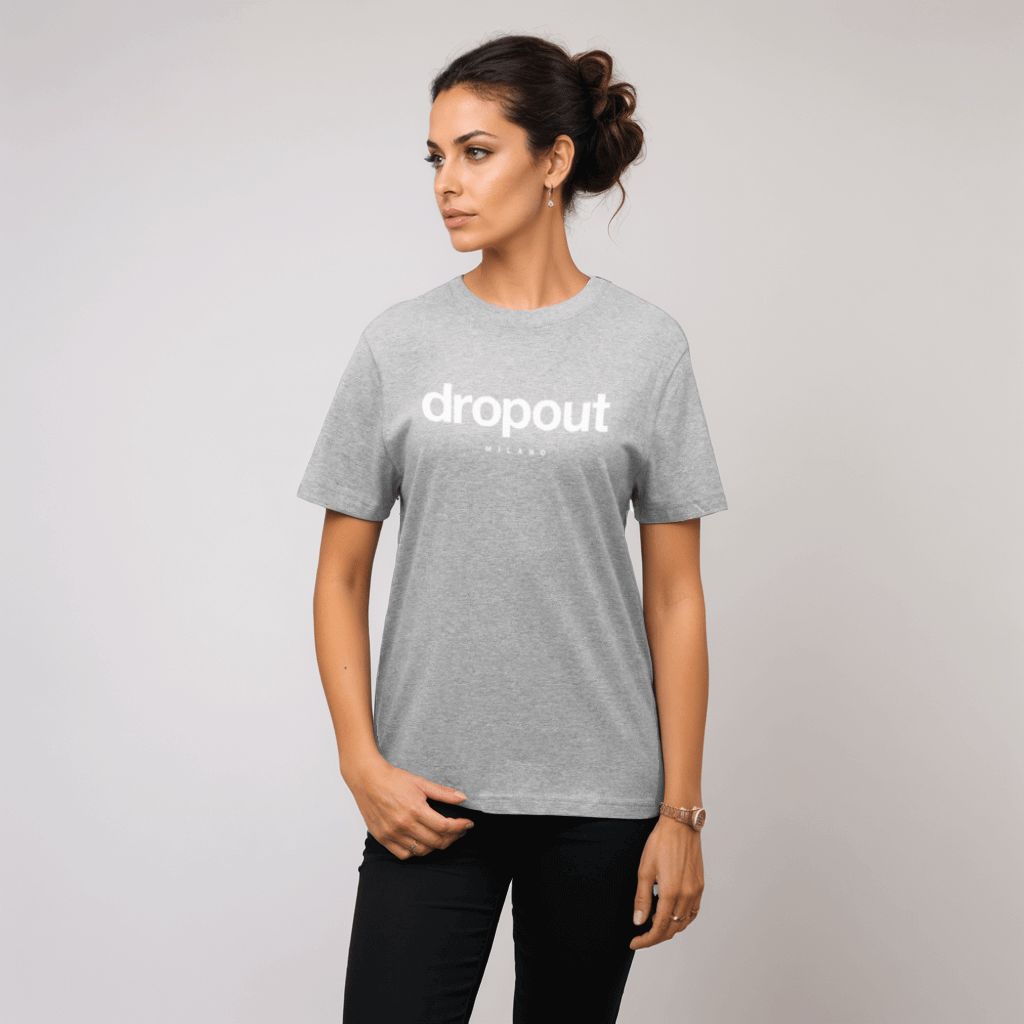 Relaxed fit grey tee with "dropout" text, designed for everyday comfort and casual style.